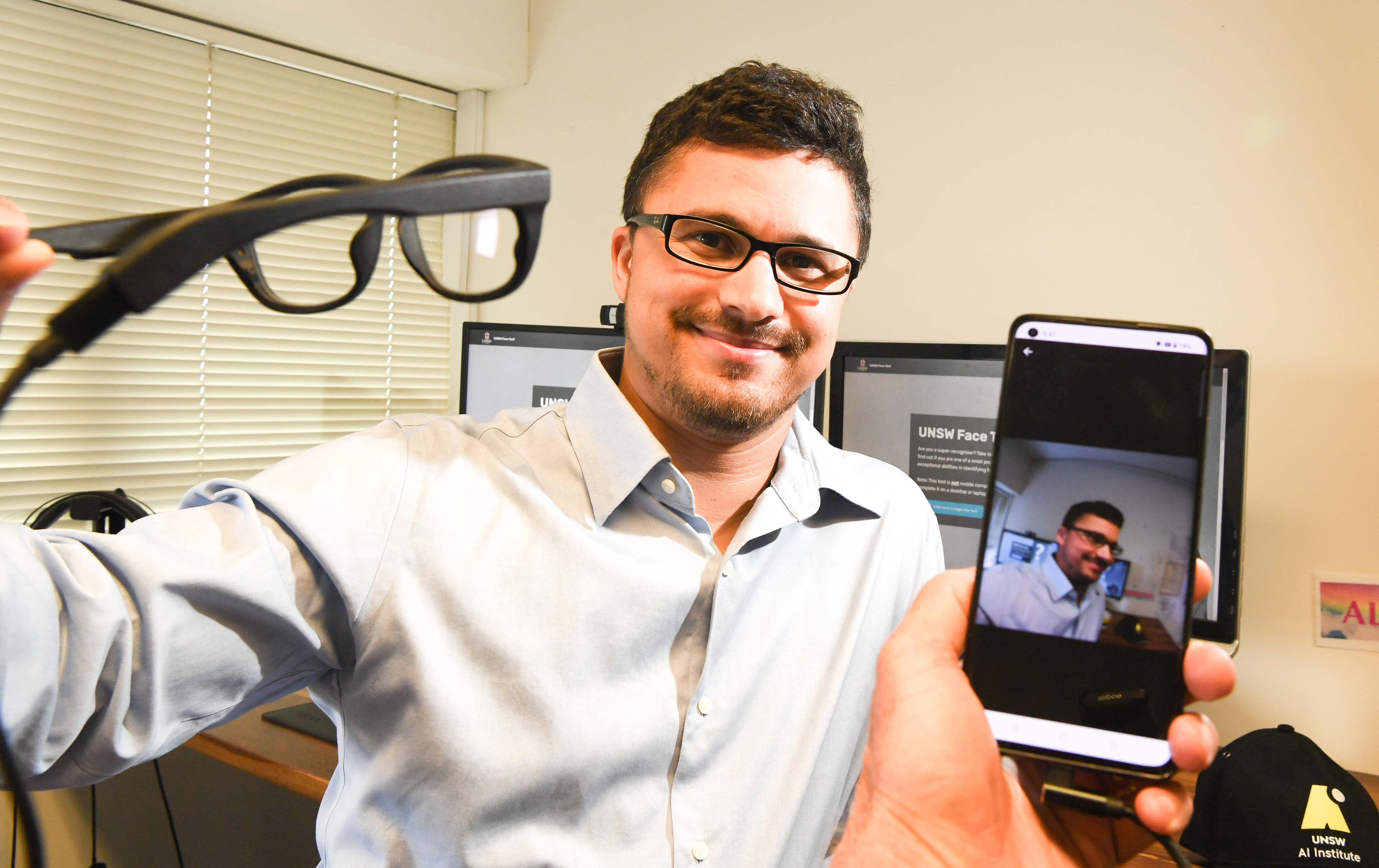 Dr James Dunn, face recognition researcher at UNSW, demonstrating state of the art mobile eyetracking