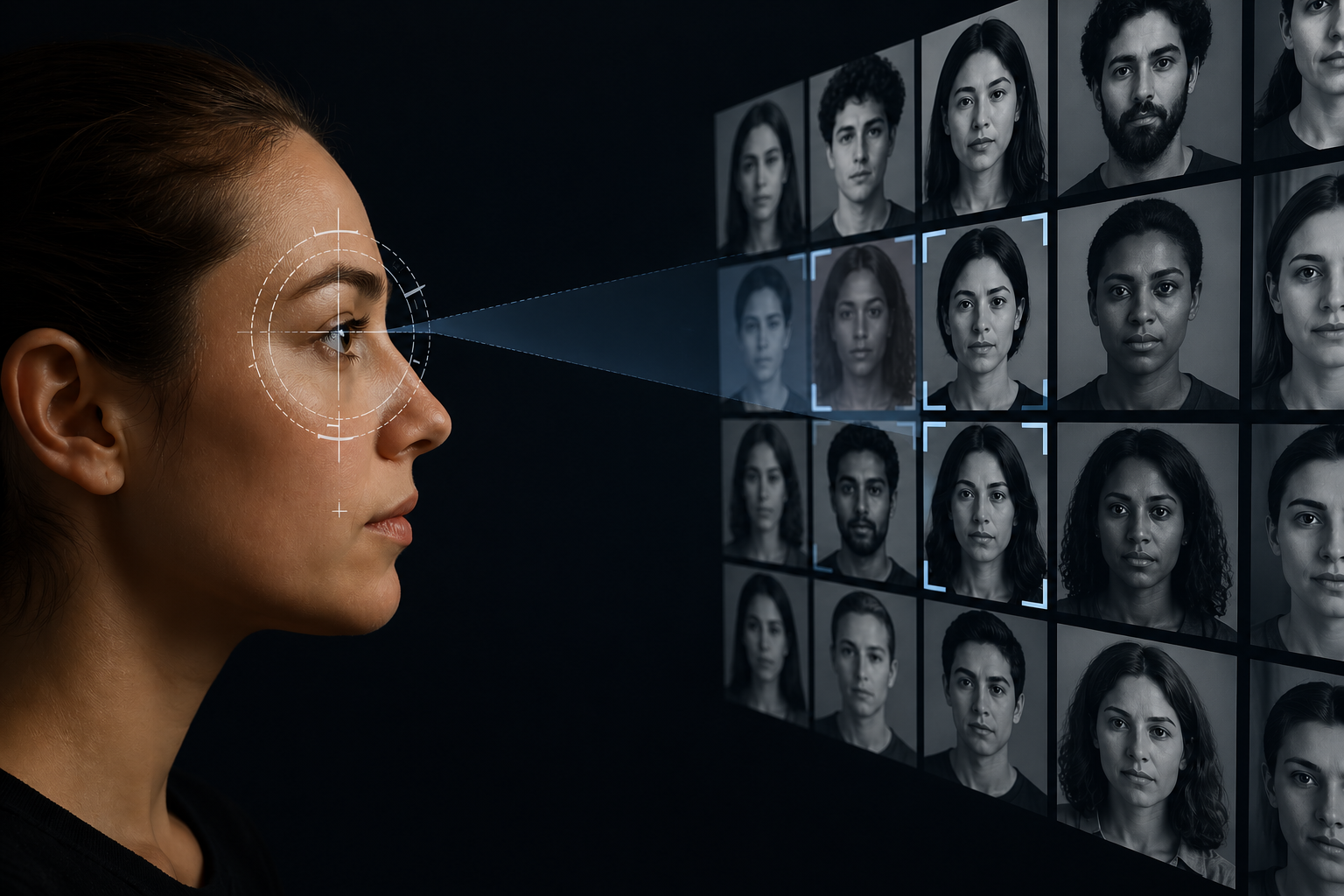 Person analysing multiple faces in a recognition task
